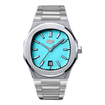 A men's stainless steel wristwatch with a bright turquoise blue sunburst dial, silver-tone case, and matching metal link bracelet, shown against a plain white background.