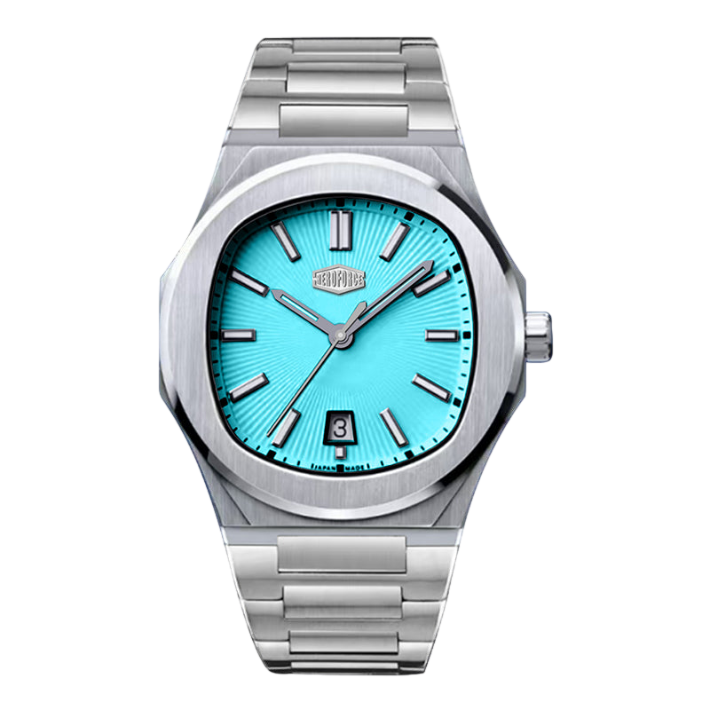 A men's stainless steel wristwatch with a bright turquoise blue sunburst dial, silver-tone case, and matching metal link bracelet, shown against a plain white background.