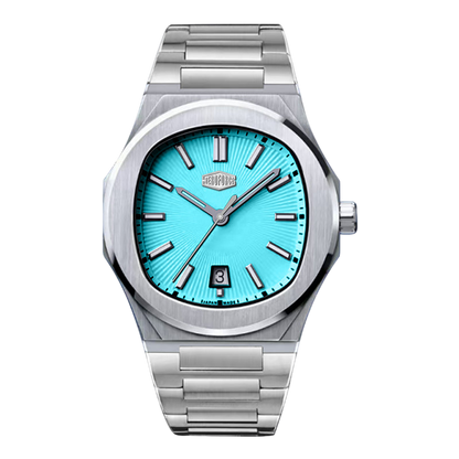 A men's stainless steel wristwatch with a bright turquoise blue sunburst dial, silver-tone case, and matching metal link bracelet, shown against a plain white background.