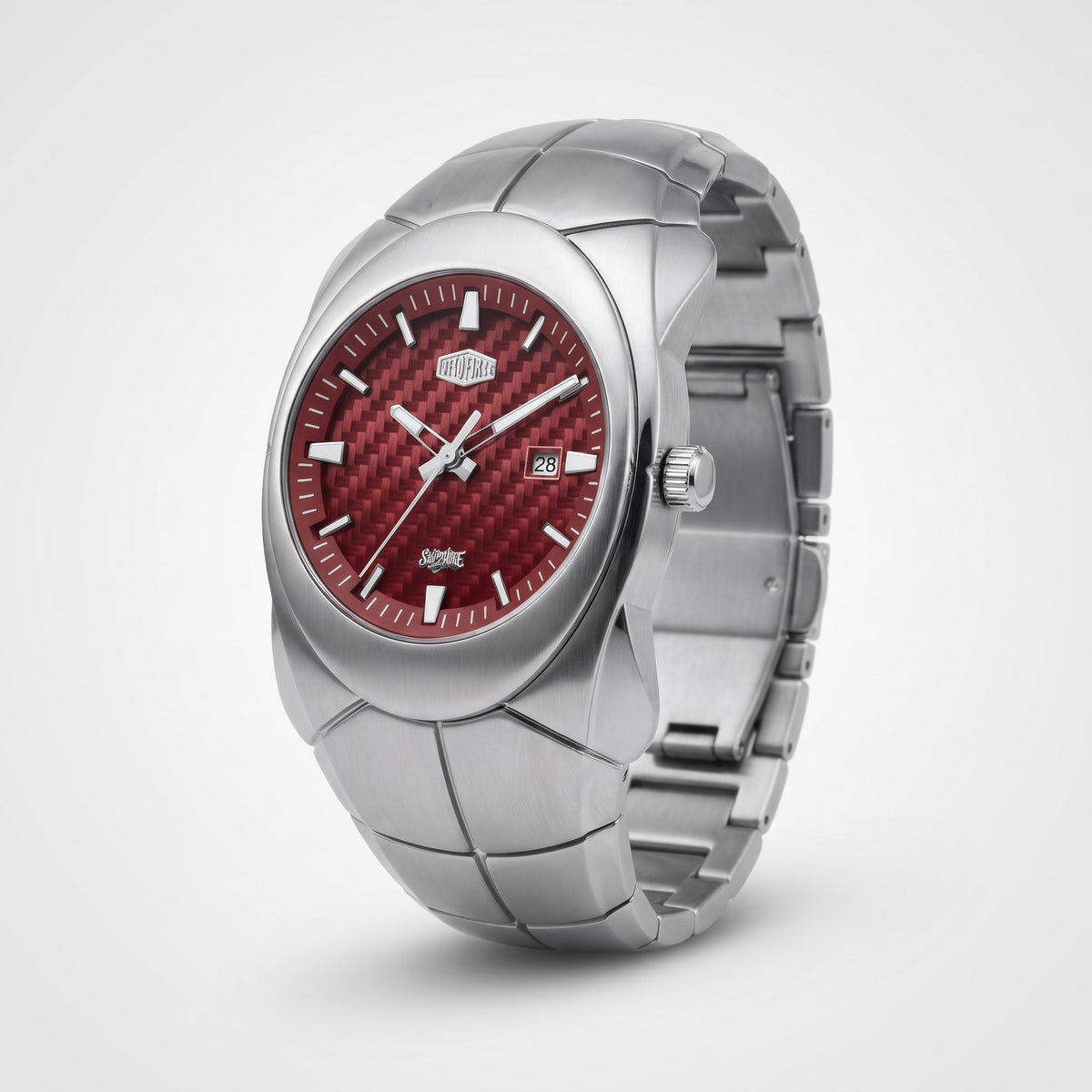 A men's stainless steel wristwatch with a textured red carbon-fiber-style dial and a matching silver link bracelet, shown on a light gray background.