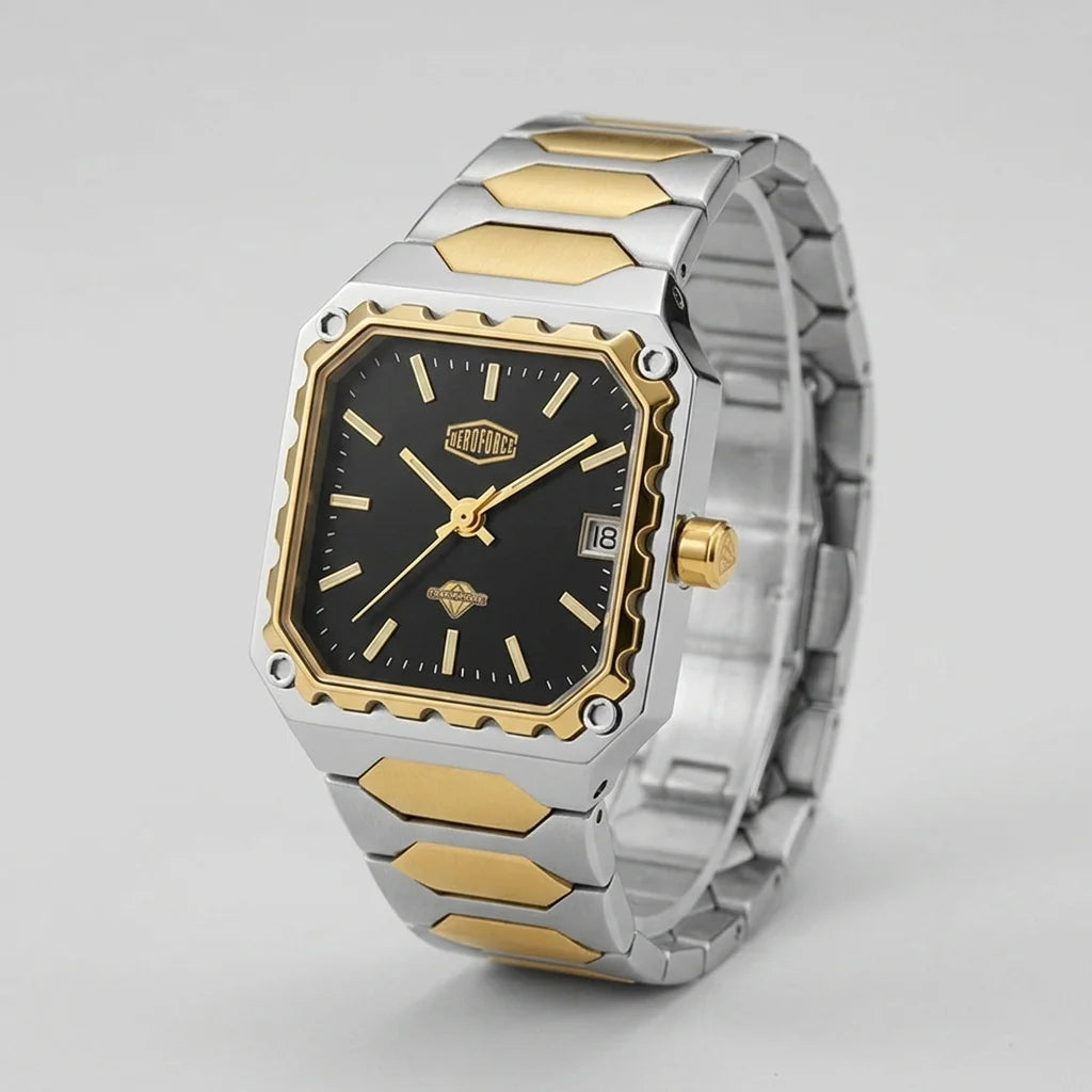A men's two-tone stainless steel and gold watch with a black dial, featuring a square bezel, gold-tone hour markers and crown, and a matching two-tone metal link bracelet.