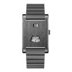 A minimalist analog watch with a brushed dark gray rectangular case, a matching dark gray segmented metal bracelet, and a small date window at the top with a black day indicator. 