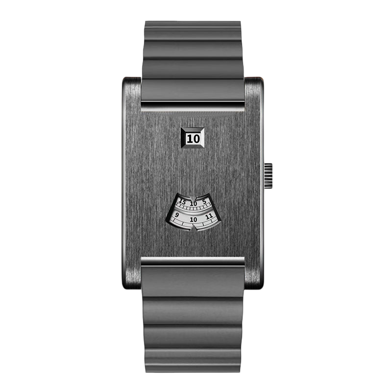 A minimalist analog watch with a brushed dark gray rectangular case, a matching dark gray segmented metal bracelet, and a small date window at the top with a black day indicator. 