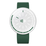 A minimalist analog watch with a white round dial, green hands and markings, and a dark green strap, shown against a plain white background.