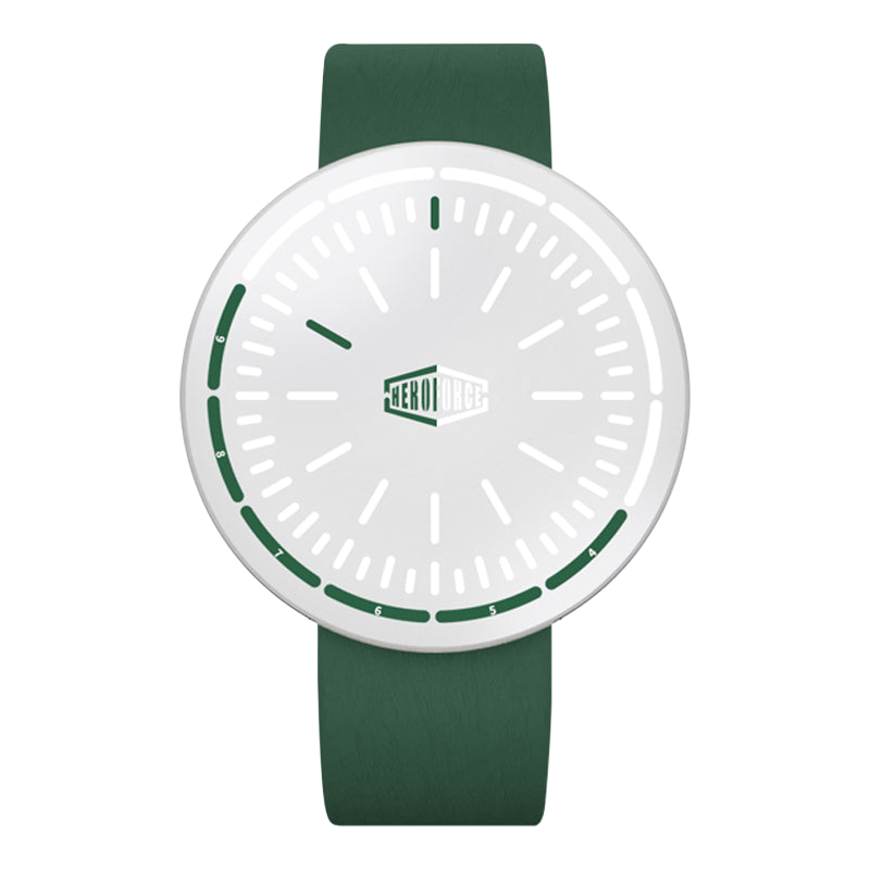 A minimalist analog watch with a white round dial, green hands and markings, and a dark green strap, shown against a plain white background.