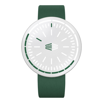 A minimalist analog watch with a white round dial, green hands and markings, and a dark green strap, shown against a plain white background.