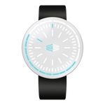 A minimalist analog watch with a white round dial, light blue accent markings, and a matte black strap, shown against a plain white background.
