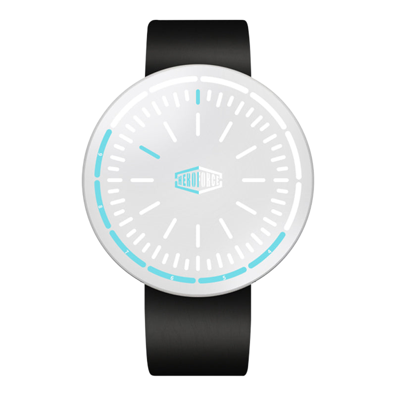 A minimalist analog watch with a white round dial, light blue accent markings, and a matte black strap, shown against a plain white background.