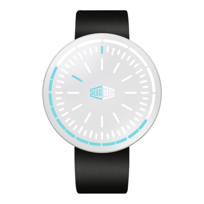 A minimalist analog watch with a white round dial, light blue accent markings, and a matte black strap, shown against a plain white background.