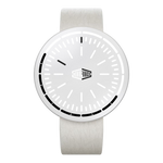 A minimalist analog watch with a white textured strap, a white round dial, and black details including a black bezel segment border and a black central logo that reads 'JEAN-LOUISSE'.