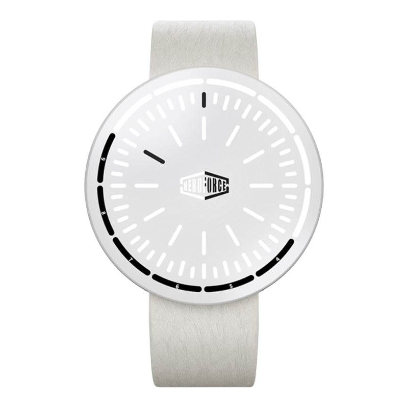 A minimalist analog watch with a white textured strap, a white round dial, and black details including a black bezel segment border and a black central logo that reads 'HEROFORCE'.