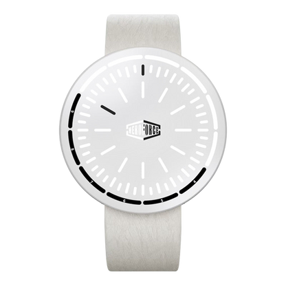 A minimalist analog watch with a white textured strap, a white round dial, and black details including a black bezel segment border and a black central logo that reads 'JEAN-LOUISSE'.