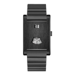 A minimalist black analog watch with a rectangular face, matching black metal link bracelet, and a small silver date window displaying 10.