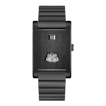 A minimalist black analog watch with a rectangular face, matching black metal link bracelet, and a small silver date window displaying 10.