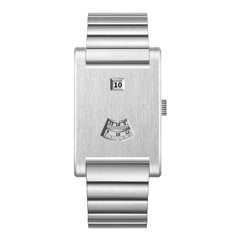 A minimalist silver stainless steel wristwatch with a rectangular case, a fluted metal link bracelet, and a small calendar window displaying '10' along with a small fan-shaped date window on the dial.