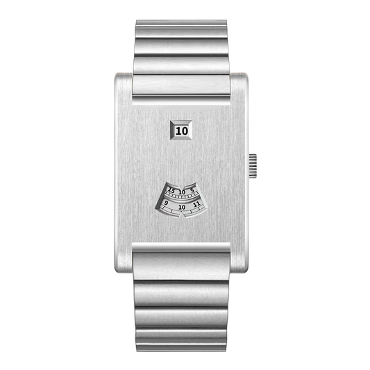 A minimalist silver stainless steel wristwatch with a rectangular case, a fluted metal link bracelet, and a small calendar window displaying '10' along with a small fan-shaped date window on the dial.