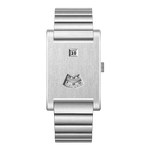 A minimalist silver stainless steel wristwatch with a rectangular case, a fluted metal link bracelet, and a small calendar window displaying '10' along with a small fan-shaped date window on the dial.