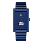 A modern men's analog watch with a brushed blue rectangular case and a matching blue segmented link bracelet. 
