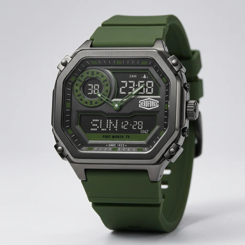 A rugged digital watch with an olive green silicone strap, a dark gray metallic case, and a black face with green accents, shown on a light gray background.