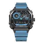 A rugged digital watch with a black case, blue strap, and blue accents on the display, shown against a plain white background.