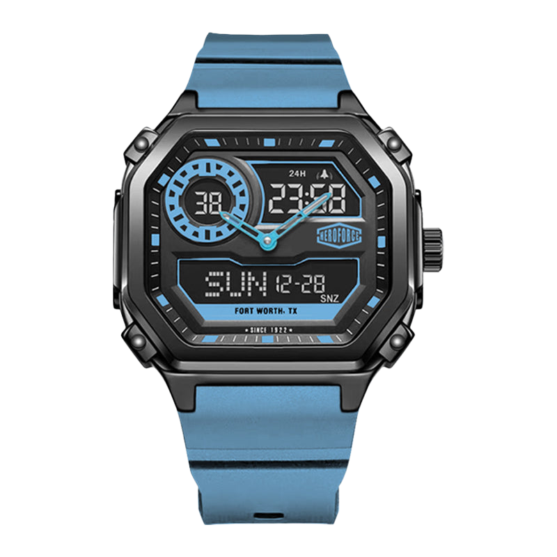 A rugged digital watch with a black case, blue strap, and blue accents on the display, shown against a plain white background.