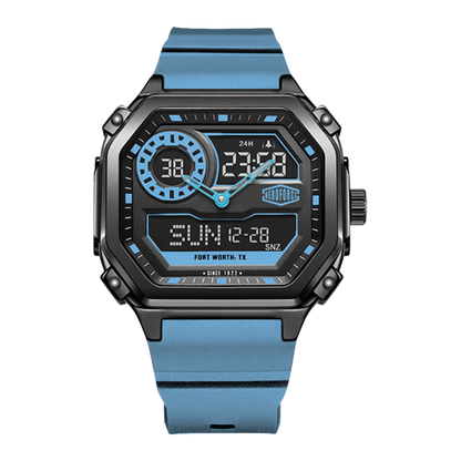 A rugged digital watch with a black case, blue strap, and blue accents on the display, shown against a plain white background.