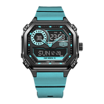 A rugged digital watch with a black metal case, turquoise blue silicone strap, and a black display screen showing multiple time zones and metrics.