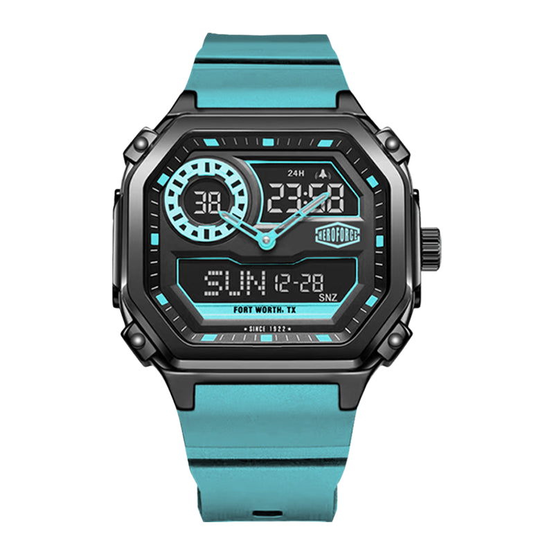 A rugged digital watch with a black metal case, turquoise blue silicone strap, and a black display screen showing multiple time zones and metrics.