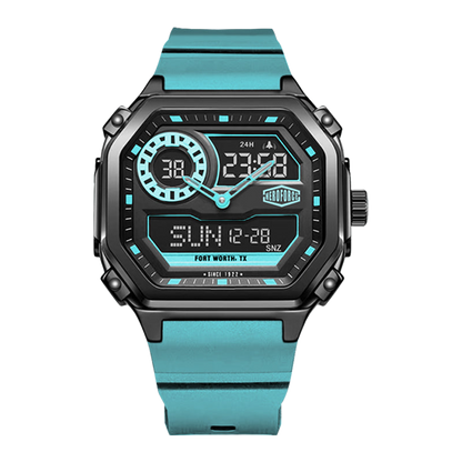 A rugged digital watch with a black metal case, turquoise blue silicone strap, and a black display screen showing multiple time zones and metrics.