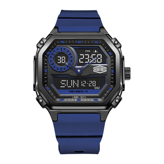 A rugged digital watch with a blue silicone strap, black case, and blue accents on the dial, shown against a plain white background.