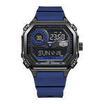 A rugged digital watch with a blue silicone strap, black case, and blue accents on the dial, shown against a plain white background.