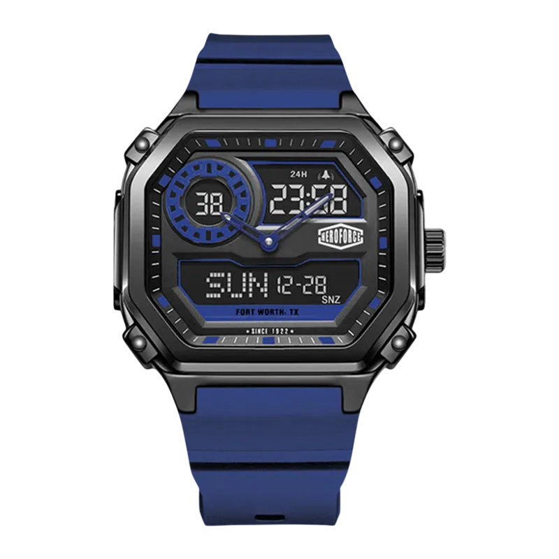 A rugged digital watch with a blue silicone strap, black case, and blue accents on the dial, shown against a plain white background.