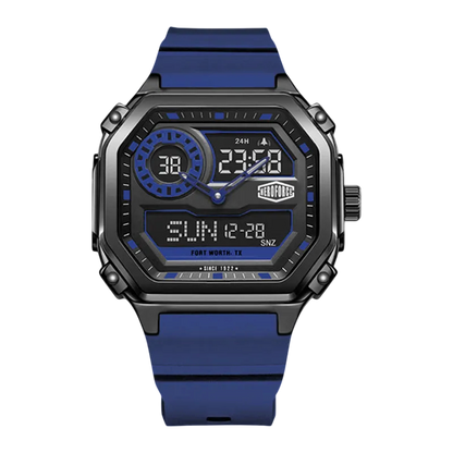 A rugged digital watch with a blue silicone strap, black case, and blue accents on the dial, shown against a plain white background.