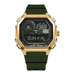 A rugged digital watch with an olive green strap and a gold-tone case, featuring a black multi-functional display with green accents and white digital text.