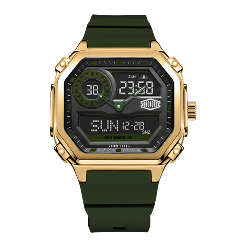 A rugged digital watch with an olive green strap and a gold-tone case, featuring a black multi-functional display with green accents and white digital text.