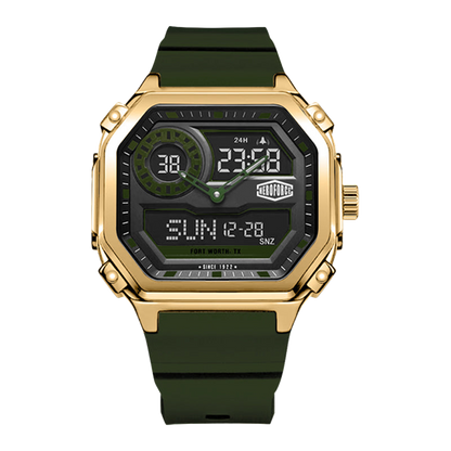 A rugged digital watch with an olive green strap and a gold-tone case, featuring a black multi-functional display with green accents and white digital text.