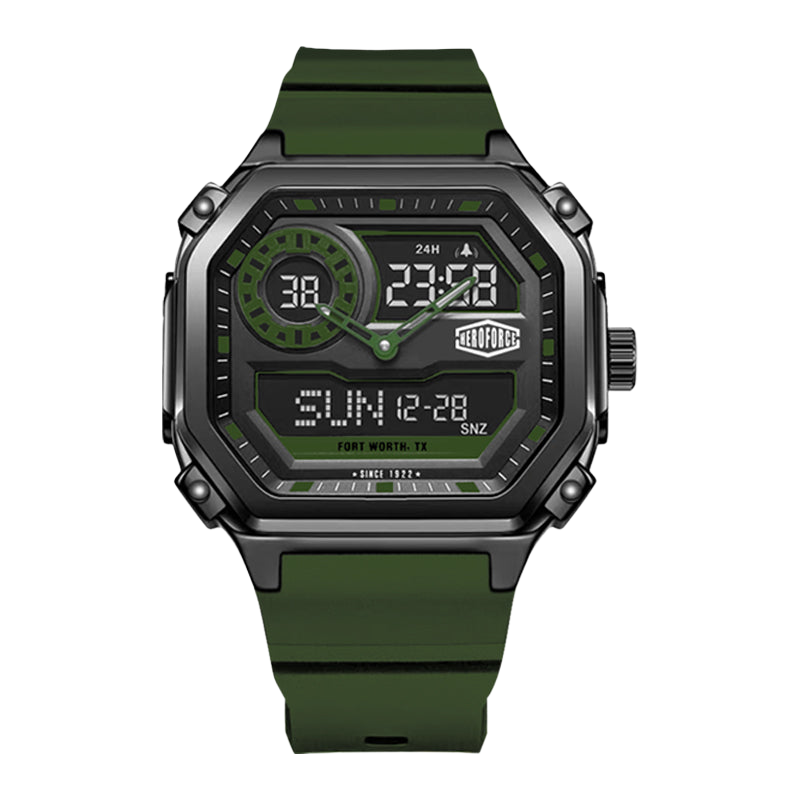 A rugged digital watch with an octagonal black case, green strap, and green and black analog-digital display, shown on a plain white background.