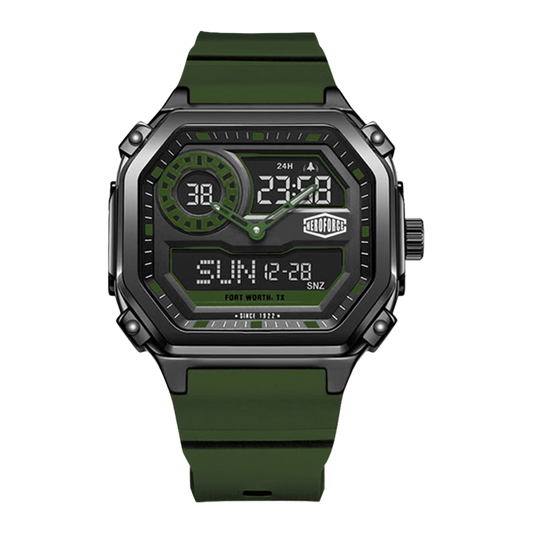 A rugged digital watch with an octagonal black case, green strap, and green and black analog-digital display, shown on a plain white background.