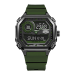 A rugged digital watch with an octagonal black case, green strap, and green and black analog-digital display, shown on a plain white background.