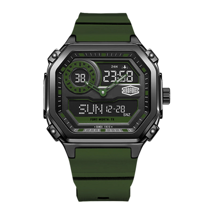 A rugged digital watch with an octagonal black case, green strap, and green and black analog-digital display, shown on a plain white background.