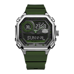 A rugged digital watch with an octagonal silver-tone metal case, a dark gray display face with green accents, and an olive green rubber strap, shown on a plain white background.