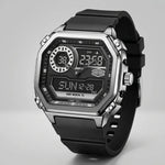 A rugged digital wrist watch with a black rubber strap, a silver-tone metal case, and a black face featuring analog hands, digital displays, and a visible HeroForce logo.