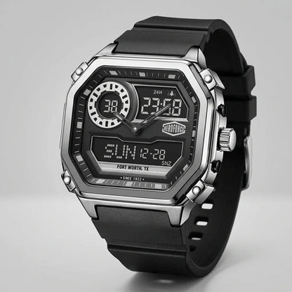 A rugged digital wrist watch with a black rubber strap, a silver-tone metal case, and a black face featuring analog hands, digital displays, and a visible HeroForce logo.