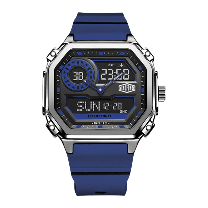 A rugged digital wristwatch with a blue silicone strap, a silver-tone metal case, and a black face with blue accents and white digital text.