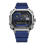 A rugged digital wristwatch with a blue silicone strap, a silver-tone metal case, and a black face with blue accents and white digital text.