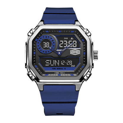 A rugged digital wristwatch with a blue silicone strap, a silver-tone metal case, and a black face with blue accents and white digital text.