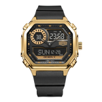 A rugged digital wristwatch with a gold-tone case, black strap, and black dial featuring multiple analog and digital displays.