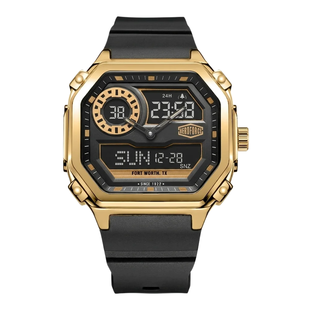 A rugged digital wristwatch with a gold-tone case, black strap, and black dial featuring multiple analog and digital displays.