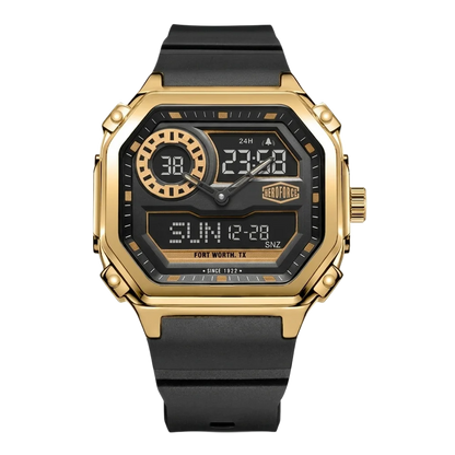 A rugged digital wristwatch with a gold-tone case, black strap, and black dial featuring multiple analog and digital displays.