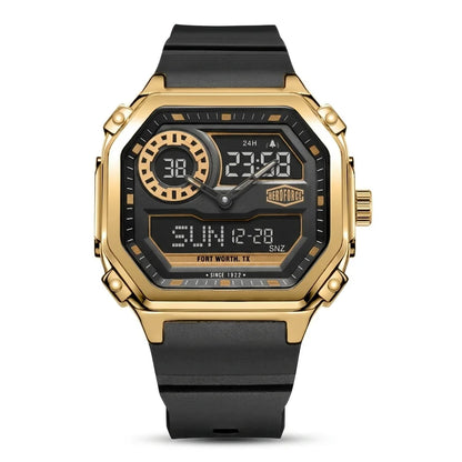 A rugged digital wristwatch with a gold-tone case, black strap, and black dial featuring multiple analog and digital displays.